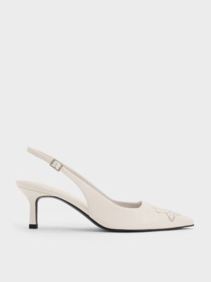 Charles & Keith - Perforated Rose Pointed-Toe Kitten-Heel Slingback Pumps