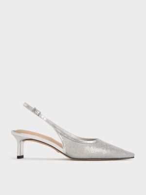 Charles & Keith - Sequin Mesh & Leather Slingback Kitten Heels