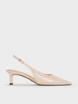 Charles & Keith - Sequin Mesh & Leather Slingback Kitten Heels