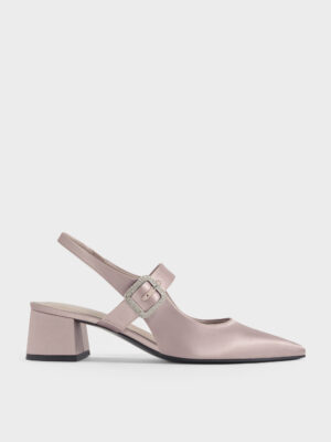 Charles & Keith - Satin Crystal-Buckle Block-Heel Slingback Pumps