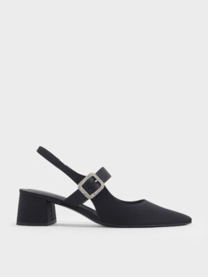 Charles & Keith - Satin Crystal-Buckle Block-Heel Slingback Pumps