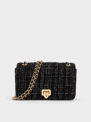 Charles & Keith - Arwen Tweed Diamond-Quilt Braided-Strap Shoulder Bag