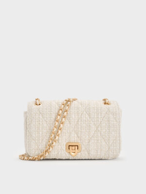 Charles & Keith - Arwen Tweed Diamond-Quilt Braided-Strap Shoulder Bag