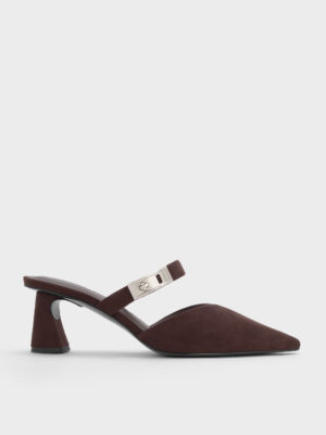 Charles & Keith - Lando Faux Suede Pointed-Toe Metallic-Buckle Heeled Mules