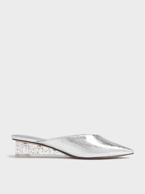Charles & Keith - Metallic Crinkle-Effect Speckled-Heel Wedge Mules​