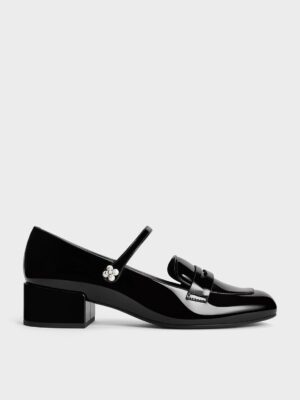 Charles & Keith - Patent Pearl-Embellished Flower-Buckle Mary Jane Loafers