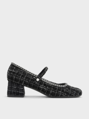Charles & Keith - Tweed Braided-Chain Block-Heel Mary Jane Pumps