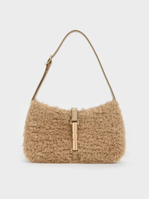 Charles & Keith - Cesia Faux Shearling Metallic-Accent Shoulder Bag