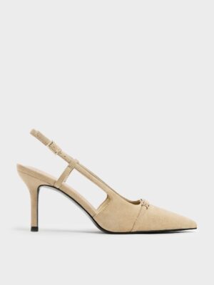 Charles & Keith - Faux Suede Metallic-Bar Pointed Slingback Pumps