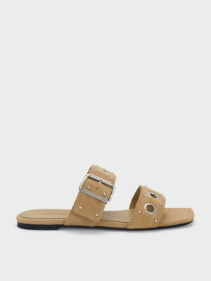 Charles & Keith - Faux Suede Grommet Buckled Slides