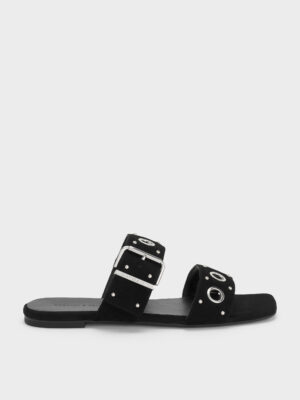 Charles & Keith - Faux Suede Grommet Buckled Slides