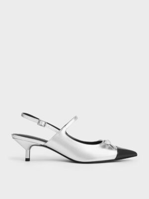 Charles & Keith - Metallic Bow Cap-Toe Kitten-Heel Slingback Pumps