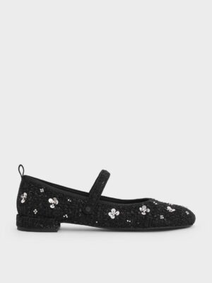Charles & Keith - Tweed Flower-Embellished Mary Janes