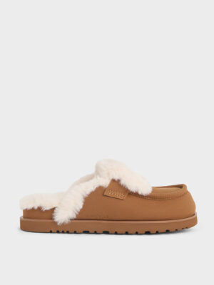 Charles & Keith - Textured Fur-Trim Flatform Mules