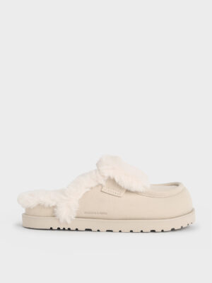 Charles & Keith - Textured Fur-Trim Flatform Mules