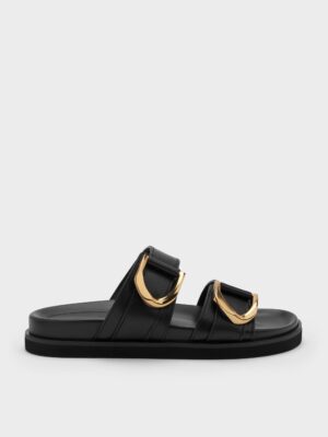 Charles & Keith - Gabine Gold-Buckle Leather Slides