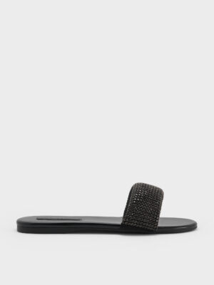 Charles & Keith - Faux Suede Crystal Slide Sandals