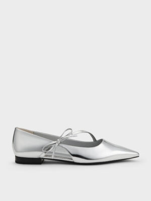 Charles & Keith - Metallic Pointed-Toe Bow-Strap Flats