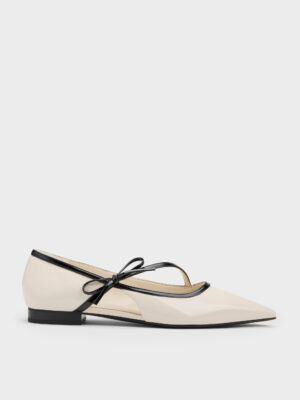 Charles & Keith - Patent Contrast-Trim Pointed-Toe Bow-Strap Flats