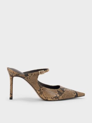 Charles & Keith - Snake-Print Buckle-Strap Mules