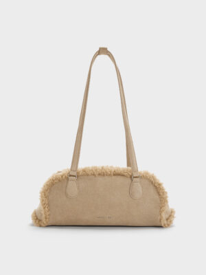 Charles & Keith - Nelly Faux Shearling Elongated Shoulder Bag