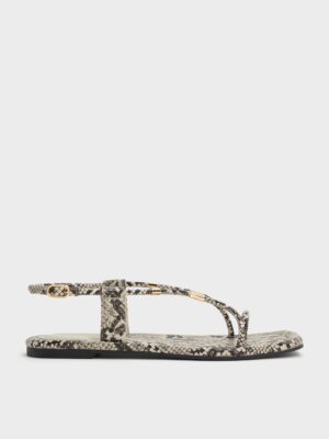 Charles & Keith - Snake-Print Metallic-Accent Toe-Ring Sandals