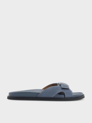 Charles & Keith - Faux Suede Stitch-Trim Buckled Slides