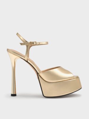 Charles & Keith - Francesca Metallic Leather Peep-Toe Platform Heels