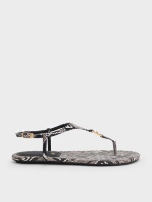 Charles & Keith - Leather Snake-Print T-Bar Thong Sandals