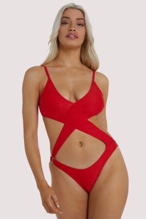 Red Wrap Cut Out Swimsuit | UK 12 | Hustler