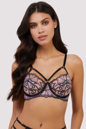 Jessie Pink And Black Whip Embroidery Balconette Bra | UK 32G | Playful Promises