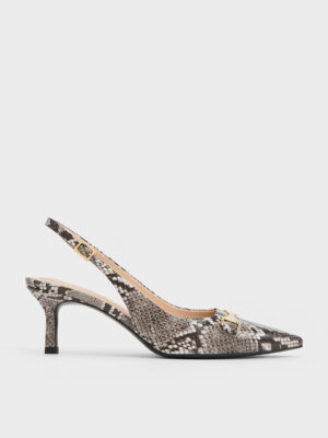 Charles & Keith - Leslie Snake-Print Metallic-Accent Slingback Pumps