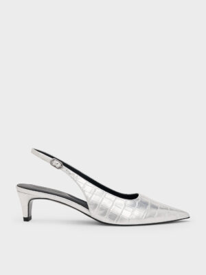 Charles & Keith - Croc-Effect Pointed-Toe Kitten-Heel Slingback Pumps