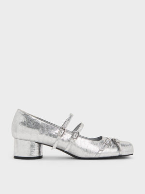 Charles & Keith - Janis Metallic Crinkle-Effect Double-Strap Mary Jane Pumps