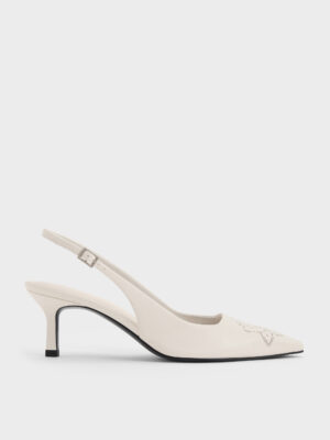 Charles & Keith - Perforated Rose Pointed-Toe Kitten-Heel Slingback Pumps