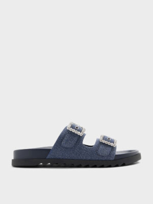 Charles & Keith - Denim Gem-Buckle Double-Strap Sandals
