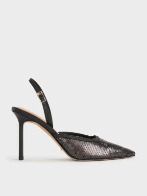 Charles & Keith - Sequin Mesh & Leather Pointed Slingback Pumps