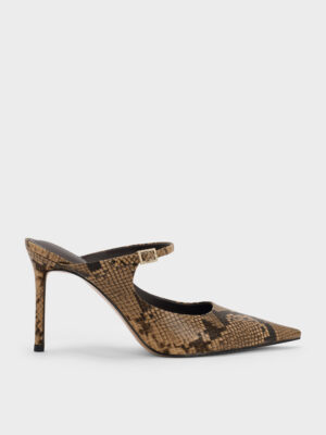 Charles & Keith - Snake-Print Buckle-Strap Mules