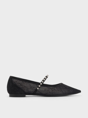 Charles & Keith - Lace & Satin Crystal Mary Jane Flats