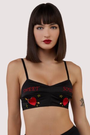 Clara Black Sweet And Sour Retro Embroidery Bralette | UK 12 | Bettie Page Lingerie