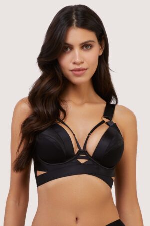 Etta Black Satin And Mesh Longline Padded Plunge Bra | UK 32E | Playful Promises