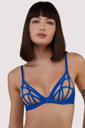 Ramona Cobalt Blue Strap Detail Illusion Sheer Plunge Bra | UK 32A | Playful Promises