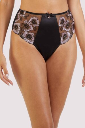 Alicia Black And Pink Embroidered High Waist Brief | UK 12 | Playful Promises