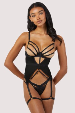 Chantal Black Wired Mesh Basque With Leg Harness | UK 18 | Wolf & Whistle After Dark