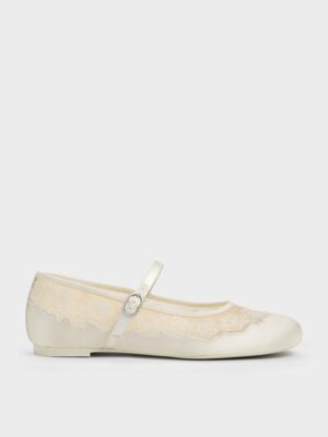 Charles & Keith - Satin Embroidered-Mesh Mary Jane Flats