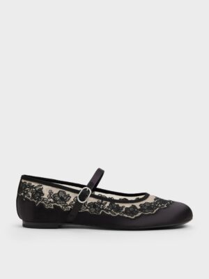 Charles & Keith - Satin Embroidered-Mesh Mary Jane Flats