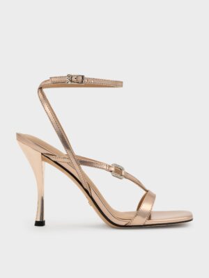 Charles & Keith - Metallic Leather Crystal-Buckle Ankle-Strap Heels