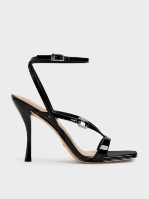 Charles & Keith - Patent Leather Crystal-Buckle Ankle-Strap Heels