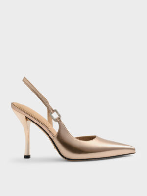 Charles & Keith - Metallic Leather Crystal-Buckle Slingback Pumps