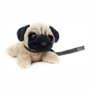 Uni Toys F20763RA-MO Pug Beige and Black 21cm Lying Dog Plush Toy With Leash